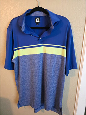 FootJoy Men's M Blue/Yellow Colorblock Short Sleeve Collared Polo Logo